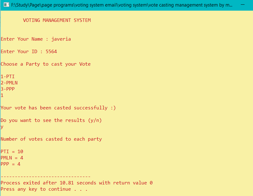 Voting Management System in C++ Source Code.